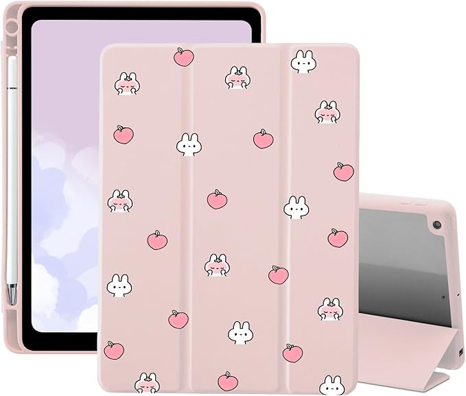 Cute Peach Bunny Case for iPad Pro 13 Inch M4(2024) 7th Genaration with Pencil Holder Trifold Stand Pink Leather Girly Cover Clear Back Shell Auto Wake/Sleep