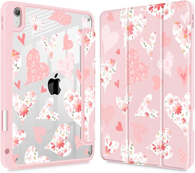 Tuiklol for 2025 iPad (A16 Chip) 11th Generation 11 inch/iPad 10th Generation 10.9 inch 2022 Case Buit in Pencil Holder with Clear Back Shell Cover Trifold Stand Auto Wake/SleepHearts Flower