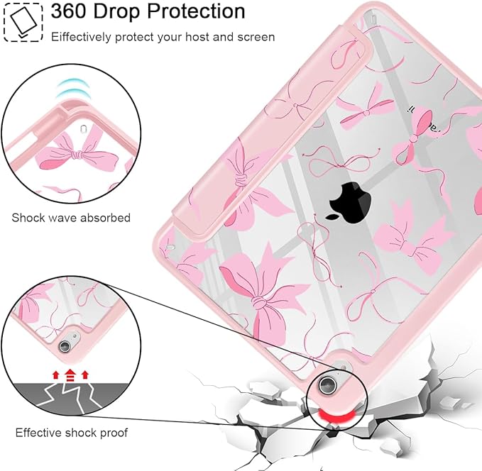 May Chen Slim Case for iPad mini 7 (A17 Pro 7th Generation) 2024 / iPad mini 6 (6th Gen) 8.3 Inch [Built-in Pencil Holder] Shockproof Cover Clear Clear Back Shell Auto Wake/Sleep Pink Bow