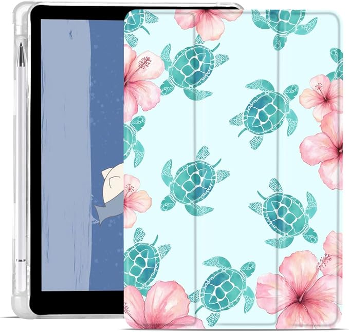 Blue Sea Turtle Case for iPad 5th/6th Generation (2017/2018) for iPad Air/Air 2 9.7 Hibiscus Flower Design Foldable Leather Protective Case Soft Back Cover with Pencil Holder
