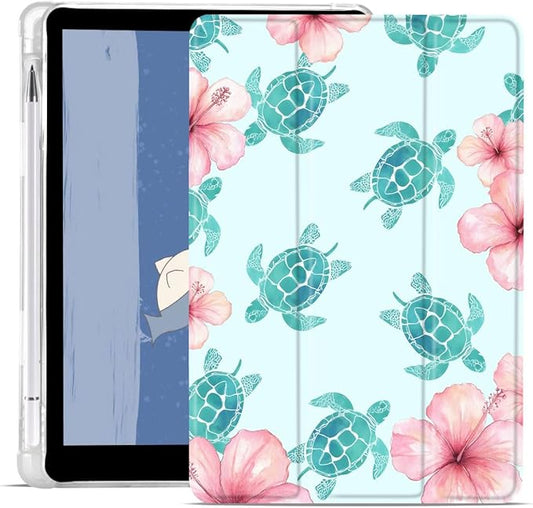 Blue Sea Turtle Case for iPad 5th/6th Generation (2017/2018) for iPad Air/Air 2 9.7 Hibiscus Flower Design Foldable Leather Protective Case Soft Back Cover with Pencil Holder