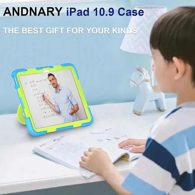 Case for iPad (A16) 11th Generation 11 inch 2025/10th Generation 10.9 inch 2022 Shockproof Cover with Screen Protector/360° Rotate Handle/Bracket/Pen Holder/Shoulder Strap (Blue+Green)