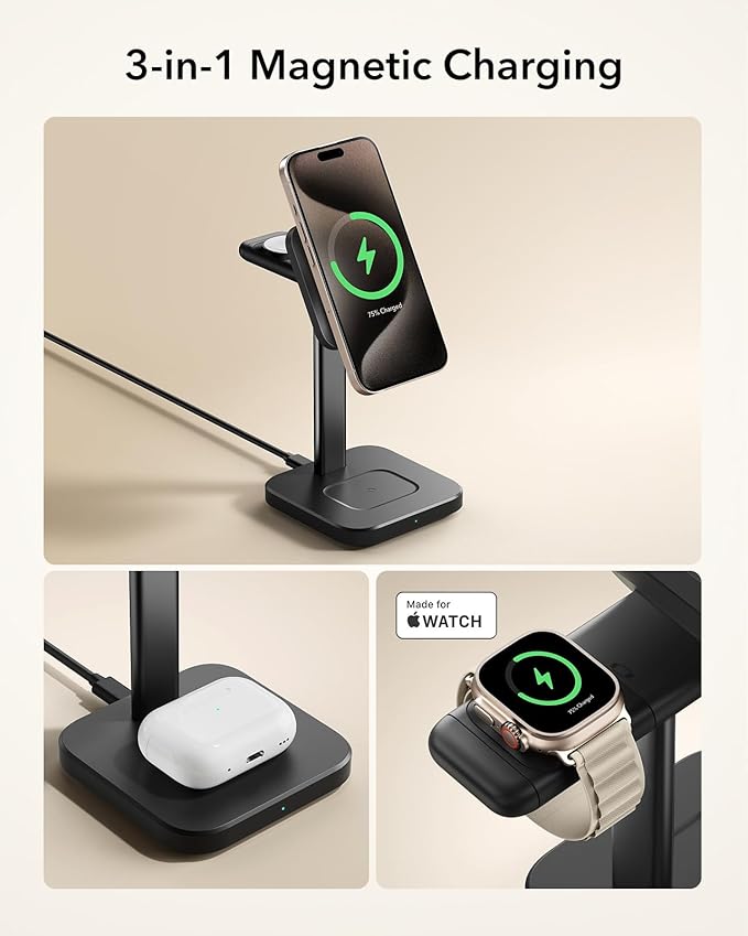 ESR for 3 in 1 Wireless Charging Station Certified Apple Watch Charger 15W MagSafe Charger Stand for iPhone Wireless Charger for Multiple Devices iPhone 17/16/15/14/13 Watch AirPods Black