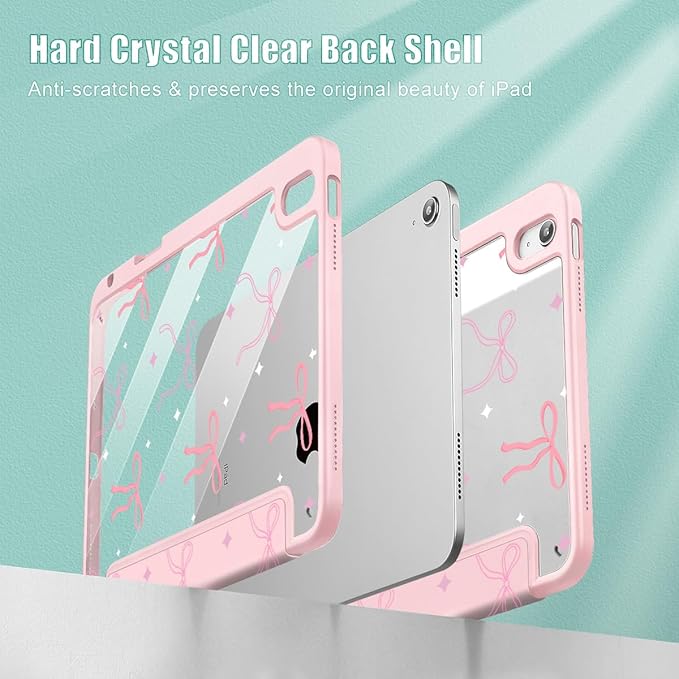 Tuiklol Case for iPad 11 inch (A16 Chip) 2025 Gen 11th / iPad 10.9 inch 2022 10th Gen Buit in Pencil Holder with Shockproof Cover Clear Transparent Back Shell Auto Wake/SleepPink Bows