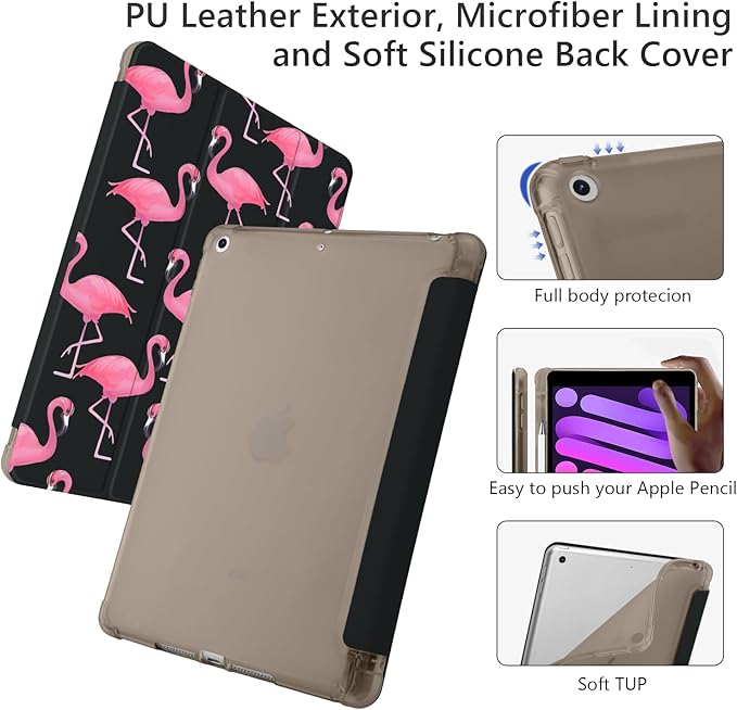 Cute Kawaii Flamingo for iPad 5th/6th Generation Case with Pencil Holder Auto Sleep/Wake Black Leather Soft TPU Back Cover for iPad 9.7 Inch