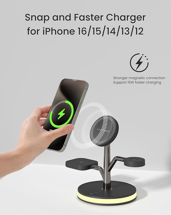 3 in 1 Charging Station for Apple Devices Fast Charging Magsafe Charger Stand with LED Light and 20W PD Adapter Wireless Nightstand Charger for iPhone17/16/15/14/13/12 SeriesAirPodsiWatch and More