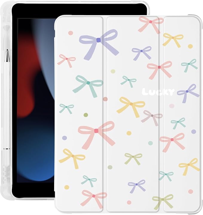 Cute Kawaii Colorful Bow for iPad Pro 11 Inch Case (M5/M4) 2025/2024 with Pencil Holder Auto Sleep/Wake White Leather Soft TPU Back Cover