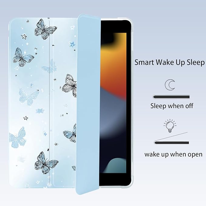 Cute Y2K Butterfly for iPad Pro 11 Inch Case (M5/M4) 2025/2024 with Pencil Holder Auto Sleep/Wake Blue Leather Soft TPU Back Cover