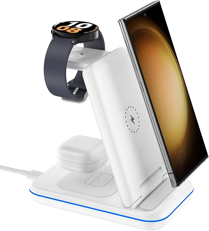 Wireless Charger for Samsung/Android HOLYJOY Foldable 3 in 1 Fast Charging Station/Stand/Multi Charger for Samsung S25 Ultra/S24/Note 20Travel Pad for Galaxy Watch 8/7/6/5/4/Active 2For Buds(Ivory)