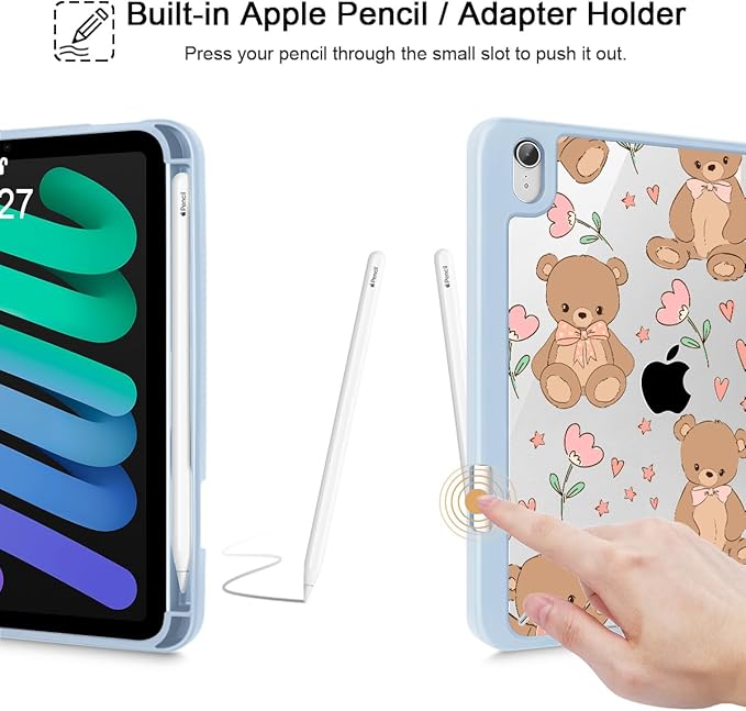 May Chen Slim Case for iPad mini 7 (A17 Pro 7th Generation) 2024 / iPad mini 6 (6th Gen) 8.3 Inch [Built-in Pencil Holder] Shockproof Cover Clear Clear Back Shell Auto Wake/Sleep Cute Teddy Bear