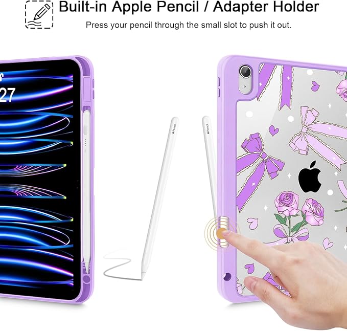 Tuiklol Case for iPad 11 inch (A16 Chip) 2025 Gen 11th / iPad 10.9 inch 2022 10th Gen Buit in Pencil Holder with Shockproof Cover Clear Transparent Back Shell Auto Wake/SleepBow &amp Rose Purple