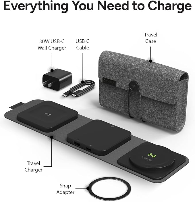mophie Wireless 3 in 1 Travel Magnetic Wireless Charging Station Multiple Devices Compatible with Apple iPhones Google Samsung Devices AirPods BYO Watch Charger. (Watch Charger not Included)