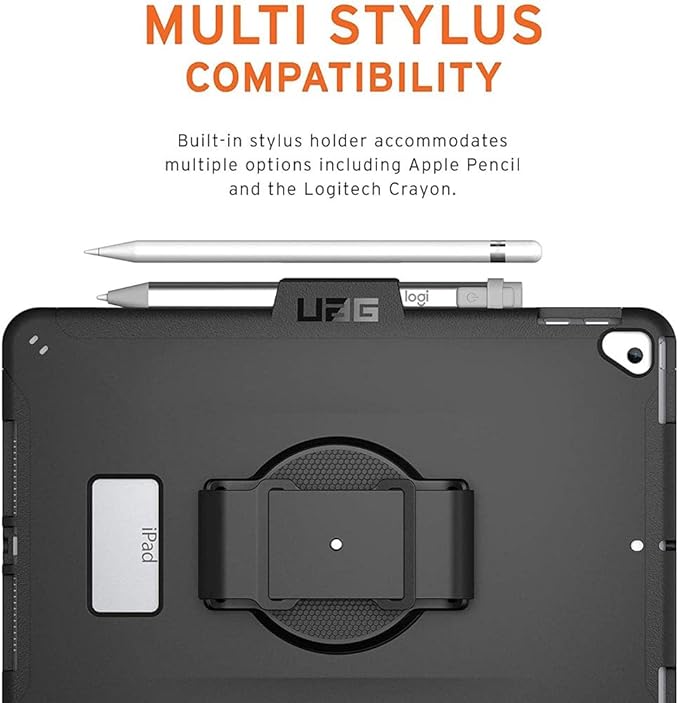 URBAN ARMOR GEAR UAG Designed for iPad 10.2 Case Black 9th Generation 2021 &amp 8th Gen 2020 w/Hand Strap Thin Slim Durable Protective Cover w/Pencil Holder &amp Asset Tag Window Scout Series