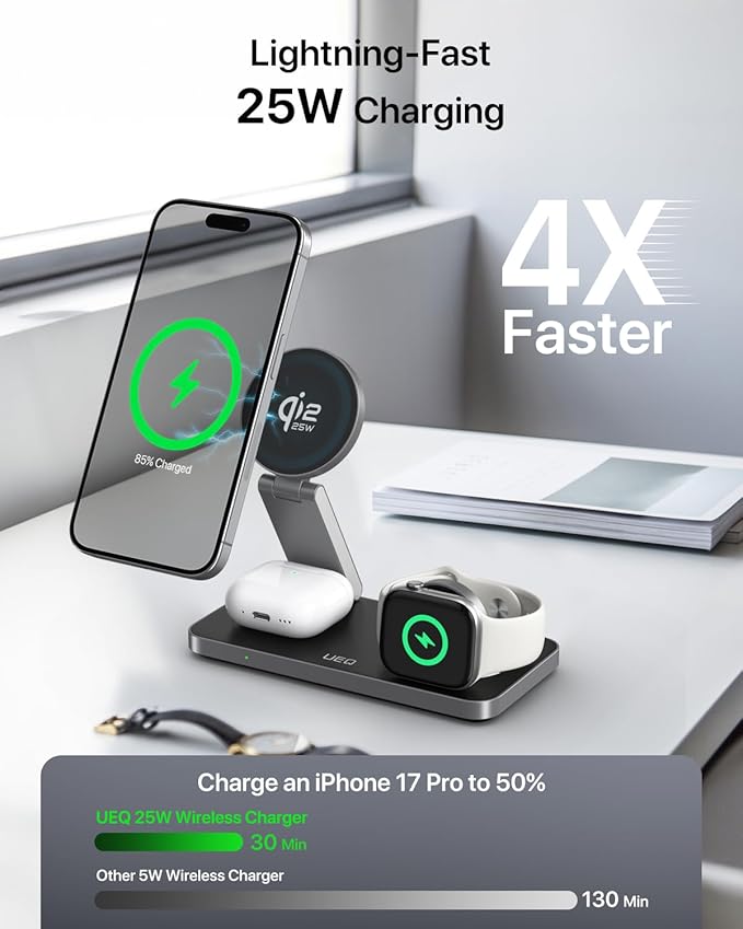 3-in-1 Charging Station for Apple DevicesQI2.2 25W Ultra-Fast Magnetic Wireless Charger StandCompatible with MagSafeFoldable Travel Charger for iPhone Air/17/16/15/14/13/12Apple WatchAirPods