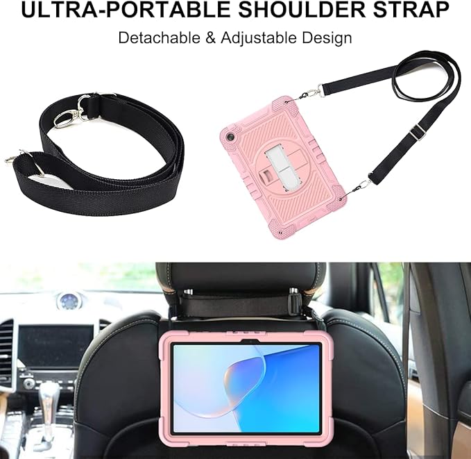 Tablet Case for Huawei MatePad SE 10.4 inch Tablet Shockproof Cover with 360° Rotating Stand and Wrist Strap Shoulder Strap Pink Gold