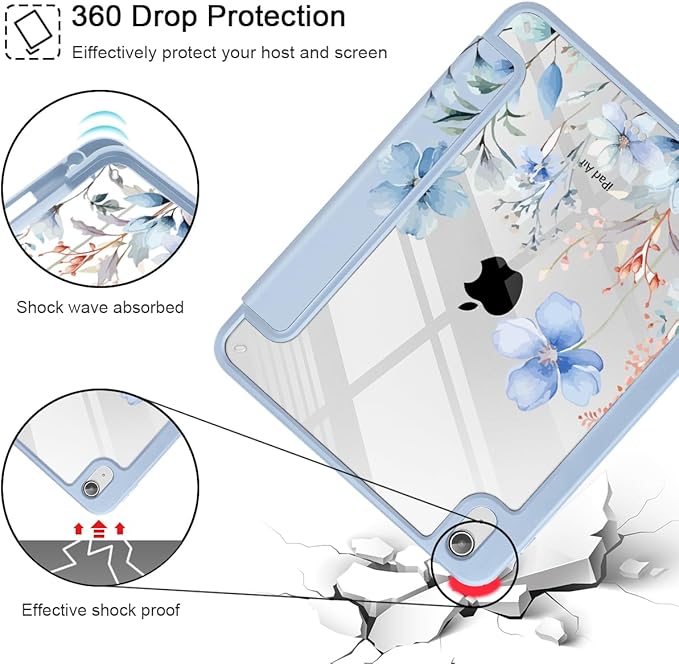 May Chen for iPad Air 11-inch M4/M3/M2 (2026/2025/2024) iPad Air 5th/4th 10.9 Inch - Shockproof Cover with Clear Back Shell &amp Penceil Holder Auto Wake/Sleep Stand Cover Blue Flowers