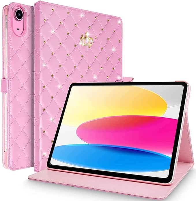 for iPad (A16) 11th Generation 11 Inch 2025/iPad 10th Generation 10.9 2022 Case Girly Crown Rhinestone Cute Elegant PU Leather Auto Sleep/Wake Stand Shockproof Case for iPad 11th/10thPink