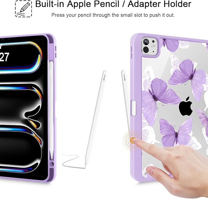 May Chen Case for iPad Pro 11-Inch M5/M4 2025/2024 (6th/5th Generation) Clear Transparent Print Back Shell Slim Stand Shockproof Tablet Cover Auto Wake/Sleep Butterfly P787