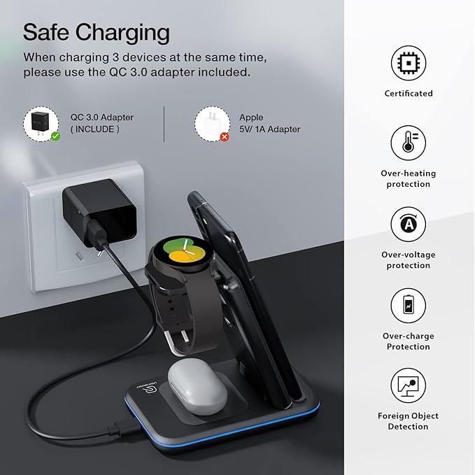 Wireless Charger for Samsung/Android HOLYJOY Foldable 3 in 1 Fast Charging Station/Stand/Multi Charger for Samsung S25 Ultra/S24/Note 20 Travel Pad for Galaxy Watch 8/7/6/5/Active 2 For Buds(Black)