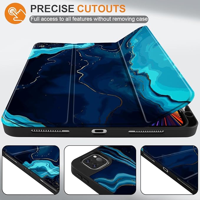 DONGKE Case for 2022/2021/2020/2018 iPad Pro 11 inch Gen 4/3/2/1 - Slim Protective Case - Built in Pencil Holder Support Charging - Trifold Stand &amp Sleep/Wake Cover - Blue Marble