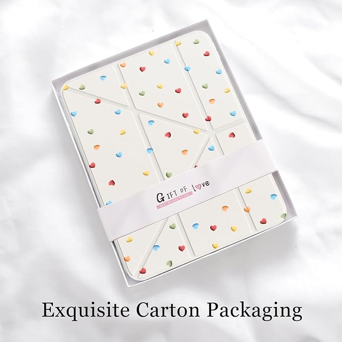 Cute Colorful Love Heart for iPad Pro 11 Inch Case (M5/M4) 2025/2024 with Pencil Holder Auto Sleep/Wake White Leather Acrylic Back Detachable Cover