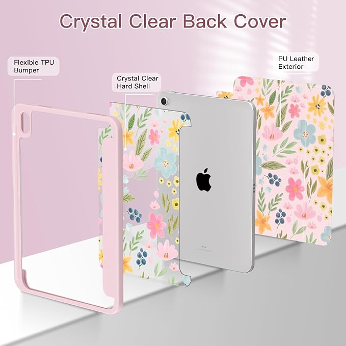 Teryeefi Case for iPad (A16) 11-inch 2025 &amp 10.9'' iPad 10th Generation 2022 3D Printing Slim Lightweight Protective Cover with StandAuto Wake/Sleep Function Clear PC +TPU Back Shell Pink Flor