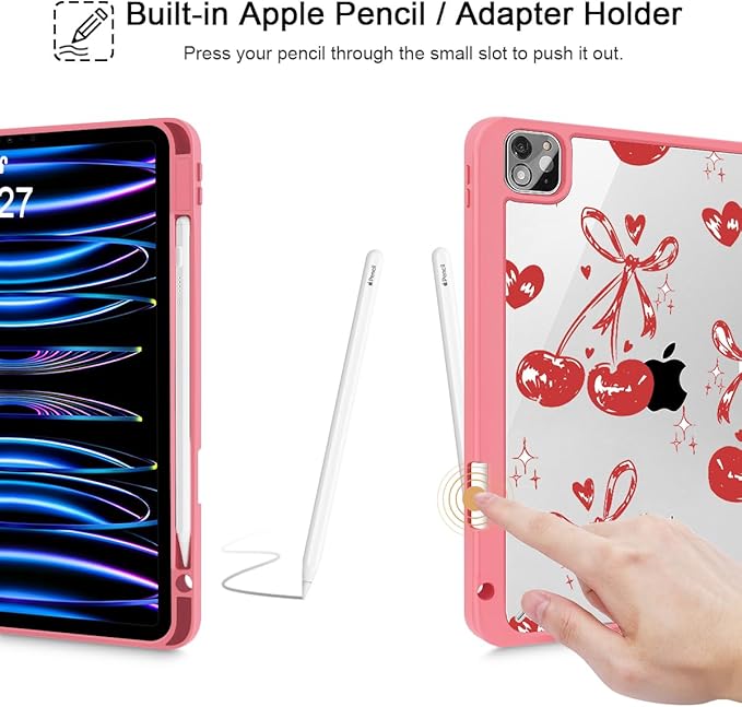 Mektron Case for iPad Pro 11 inch (4th 3rd 2nd &amp 1st Gen) 2022 2021 2020 2018 Buit in Pencil Holder with Shockproof Cover Clear Shell + Trifold Stand + Auto Wake/Sleep Cherries Bows C388