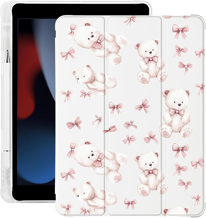 Cute Kawaii Bear Bow for iPad Pro 11 Inch Case 4th/3rd/2nd Generation 2022/2021/2020 with Pencil Holder Auto Sleep/Wake White Leather Soft TPU Back Cover