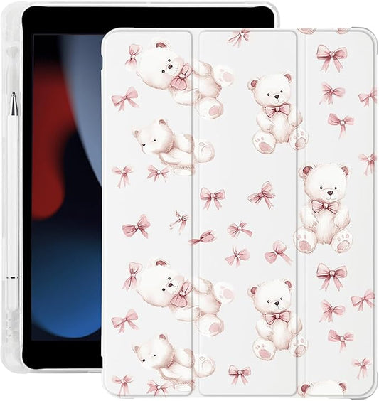 Cute Kawaii Bear Bow for iPad Pro 11 Inch Case 4th/3rd/2nd Generation 2022/2021/2020 with Pencil Holder Auto Sleep/Wake White Leather Soft TPU Back Cover