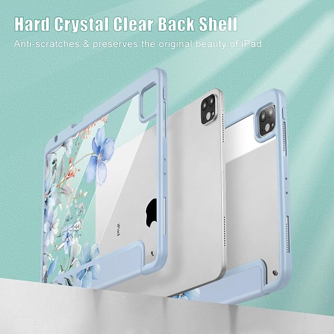 May Chen for iPad Pro 11 inch M2 4th Generation 2022 iPad Pro 11 3rd/2nd/1st Gen Case with Transparent Shockproof Back Cover [Built-in Pencil Holder Auto Sleep/Wake Blue Wild Flowers