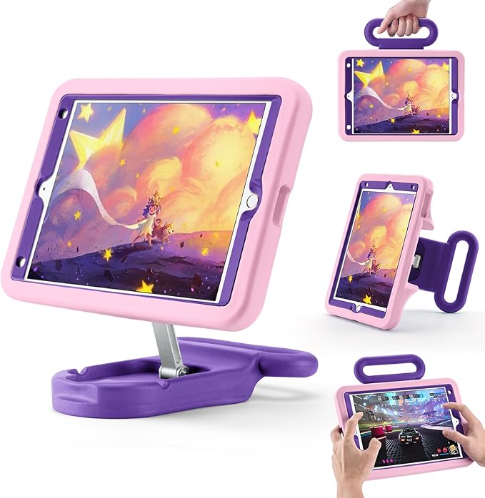 Kids Case for iPad 9th Gen 2021/ iPad 8th Gen 2020/ iPad 7th Gen 2019 Adjustable Portrait/Landscape Stand Drop Proof with HandleChild Friendly Cover for iPad 10.2 Inch (PinkPurple)