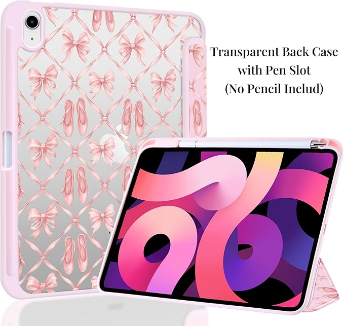 Cute Case for iPad Air 13 (M3) 2025/ (M2) 2024 Pink Coquette Ballet Bow Clear Hard Back Hybrid Casewith Pencil Holder Trifold Stand Slim Tablet Cover for Girls Women