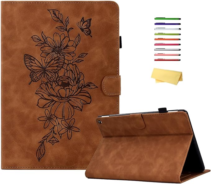 Folio Case for Amazon Kindle Fire HD 8/Fire HD 8 Plus (12th/10th Generation 2024/2022/2020) 8 with Stand/Pencil Holder [Auto Sleep/Wake] Embossed PU Leather Smart Cover Brown Butterfly Flower