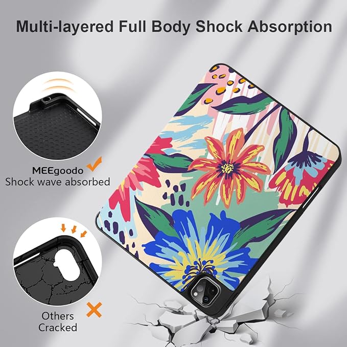 MEEgoodo for iPad Pro M2 12.9 Case 6th/5th/4th/3rd Generation 2022 2021 2020 2018 with Pencil Holder Tablet Cover with Soft TPU Back Shell Art Painted Flowers