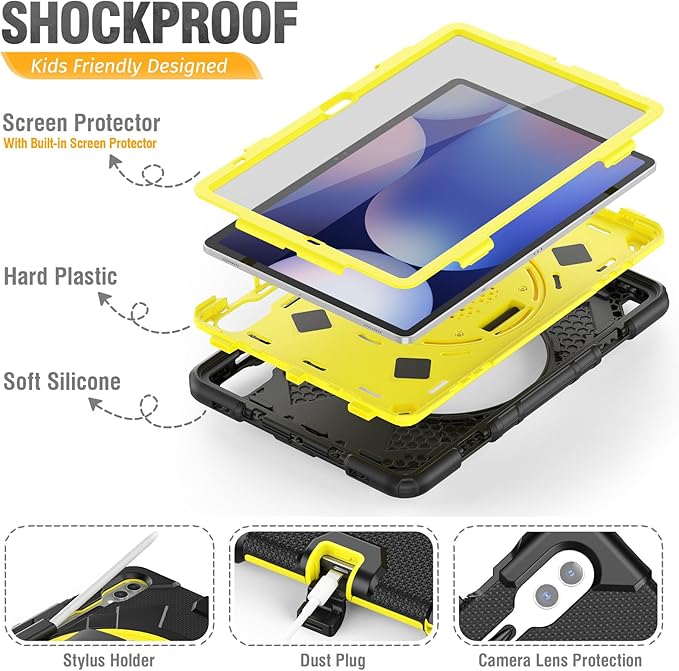 HXCASEAC Case for Samsung Galaxy Tab S10+ Plus / S9 Fe+ / S9+ 5G 12.4 inch Protective with Screen Protector/S Pen Holder/ 360 Rotating Stand Hand Strap - Yellow