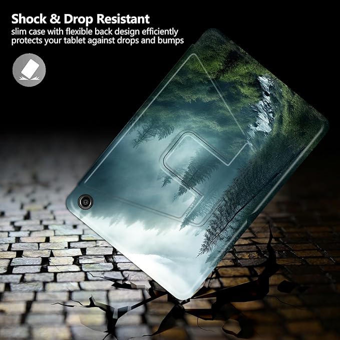 Case for Kindle Fire 7 Tablet (12th Generation 2022 Release) Forest in Rain Theme 360 Degree Rotating Stand Protective Cover with Auto Sleep/Wake for Fire 7 2022 Tablet