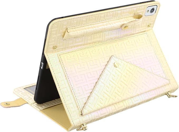 Shiny Case for iPad 6th/5th Gen 9.7 Inch (2018/2017) iPad Pro 9.7/Air 2 Techcircle Crossbody Iridescent Folio Stand Multi-Pocket Wallet Case with Pencil Holder+Hand/Shoulder Strap Shiny Yellow