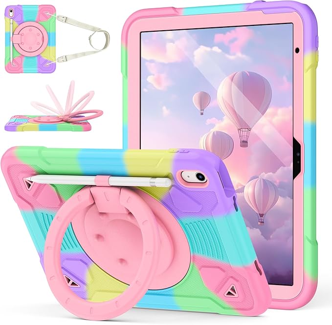 for iPad (A16) 11th Generation 11 Inch (2025) / iPad 10th Gen 10.9 Inch (2022) Cute Kids Case 360 Rotating Handle Stand Strap Case Heavy Duty Shockproof Soft Silicone Girly Cover Purple