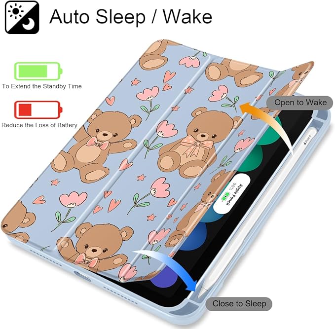 May Chen Slim Case for iPad mini 7 (A17 Pro 7th Generation) 2024 / iPad mini 6 (6th Gen) 8.3 Inch [Built-in Pencil Holder] Shockproof Cover Clear Clear Back Shell Auto Wake/Sleep Cute Teddy Bear