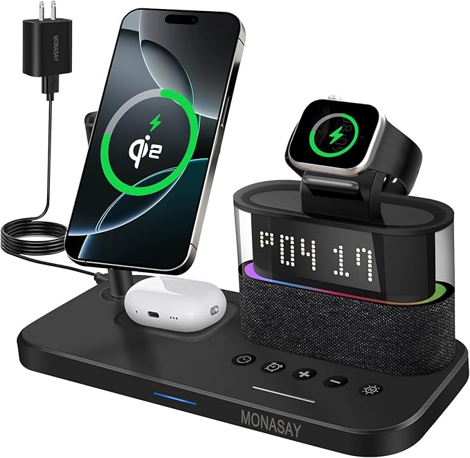 MONASAY Qi2 5 in 1 Wireless Charging Station 23W Wireless Charger with Alarm Clock for Multiple Devices Magnetic Charger Stand for iPhone 17/16/15/14/13 Series and AirPods Apple Watch Series Black
