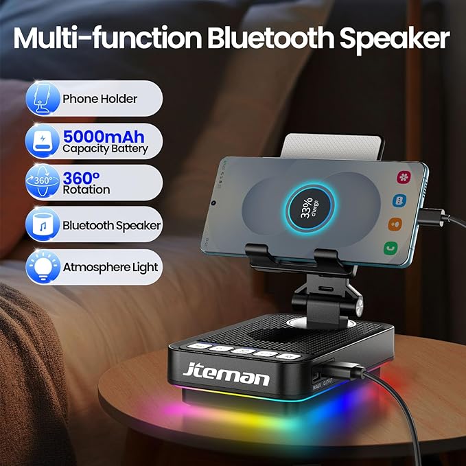 JTEMAN Gifts for Men Women Phone Stand Bluetooth Speaker with Light and Charging Function 360 Rotating Phone Holder Cool Tech Gifts for Dad Mom Husband Unique Birthday Gift Ideas