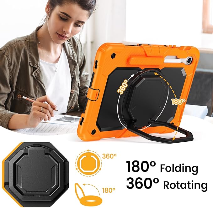 HXCASEAC Case for Galaxy Tab S10 lite / S10 FE / S9 FE 10.9 Inch Shockproof | 360° Rotating Stand | S Pen Holder | Screen Protector | Shoulder Strap | Samaung S10 Lite Tablet Case Kids Orange