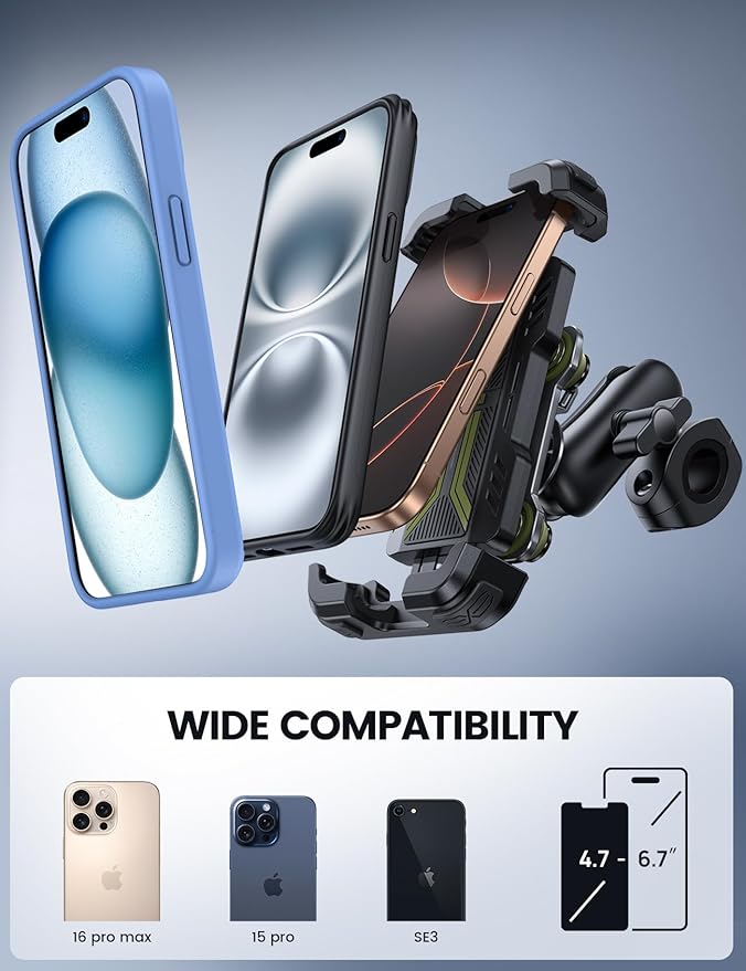 Lamicall Motorcycle Phone Mount Holder - [Dual Vibration Dampener] [Metal Adjustment Arm] Motorcycle Cell Phone Holder Bike Handlebar Phone Mount for iPhone 16 15 14 Pro Max 4.7-6.7 Phones Green