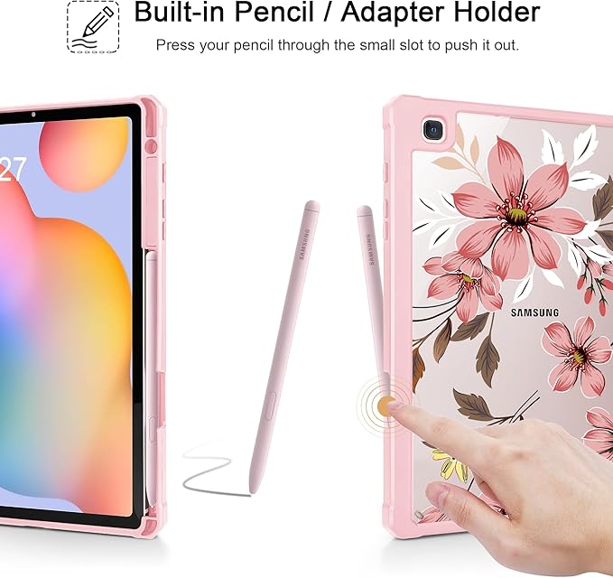 Mektron Case for Samsung Galaxy Tab S6 Lite 10.4 Inch 2024/2022/2020 with S Pen Holder Multi-Angle Viewing with Shockproof Cover Clear Shell + Trifold Stand + Auto Wake/Sleep Floral C293