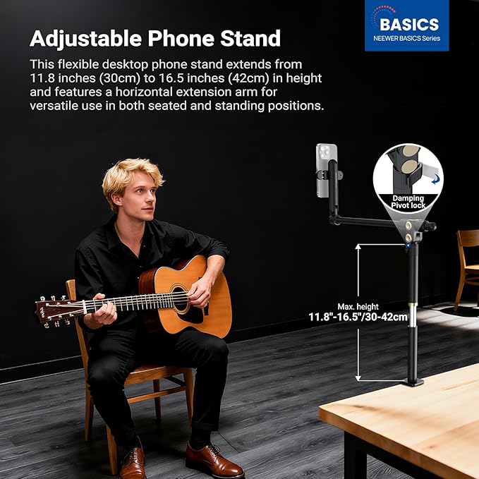 NEEWER Basics Overhead Phone Mount Holder Stand Metal Desk Tripod Camera Rig Compatible with iPhone Android Samsung for Cooking Makeup Drawing Vlogging Live Streaming Filming Video Recording ST013