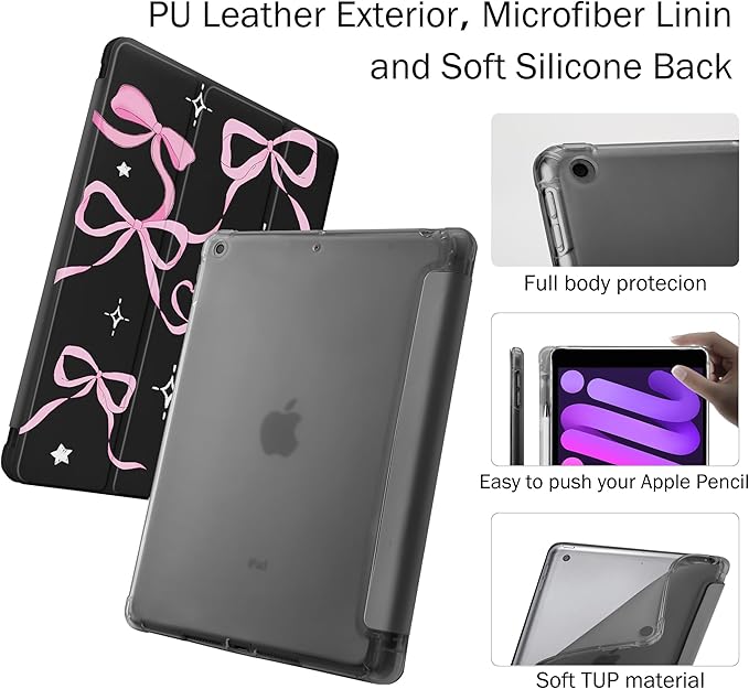 Idocolors Case for iPad 11 inch (A16 Chip) 2025 Generation 11th / iPad 10.9 inch 2022 10th Gen Built-in Pencil Holder with Soft TPU Shockproof Back Shell Auto Wake/Sleep Pink Ribbon Bow-Black