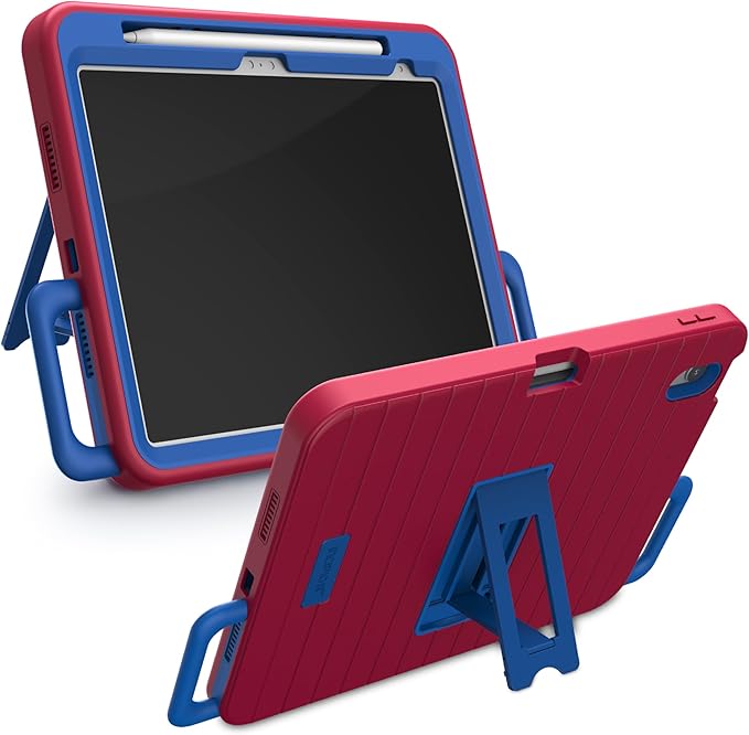 Incipio - Kids Silicone Bumper Case for iPad 10th Gen &amp A16 4ft Drop Protection Built-in Kickstand Easy-Grip Handles Durable Protective Cover (Red/Blue)