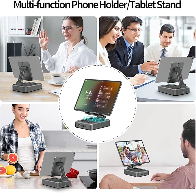 Jteman Wireless Bluetooth Speaker Tablet Stand Adjustable with Bluetooth SpeakersGifts for Women MenKitchen Gadget for MenCompatible with Phones and Tablet (4.0-12.9'') - Graphite