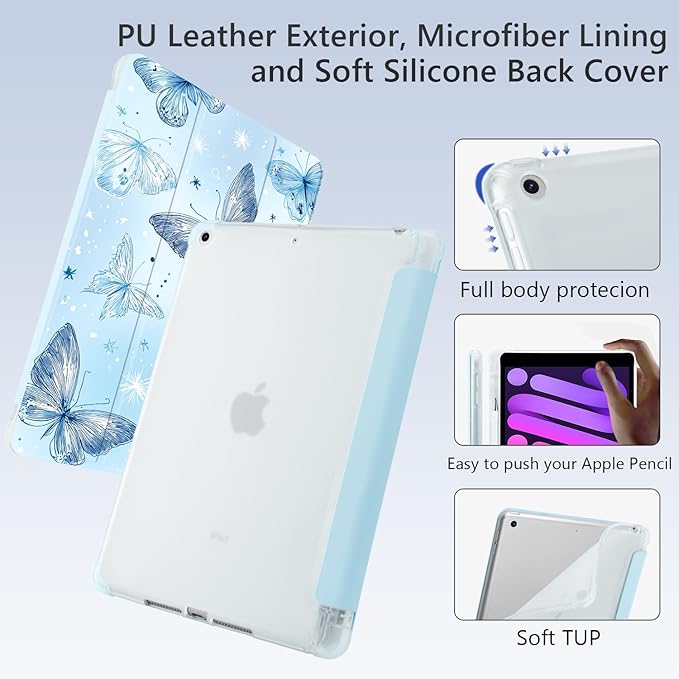 Cute Blue Butterfly for iPad Air 11 Inch Case 7th/6th Generation (M3/M2) 2025/2024 with Pencil Holder Auto Sleep/Wake Blue Leather Soft TPU Back Cover