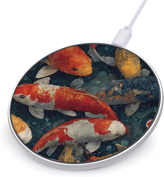 Japanese Fish Ponds Colorful Fast Portable Charger 10W Funny Graphic Phone Charging Pad with USB Cable
